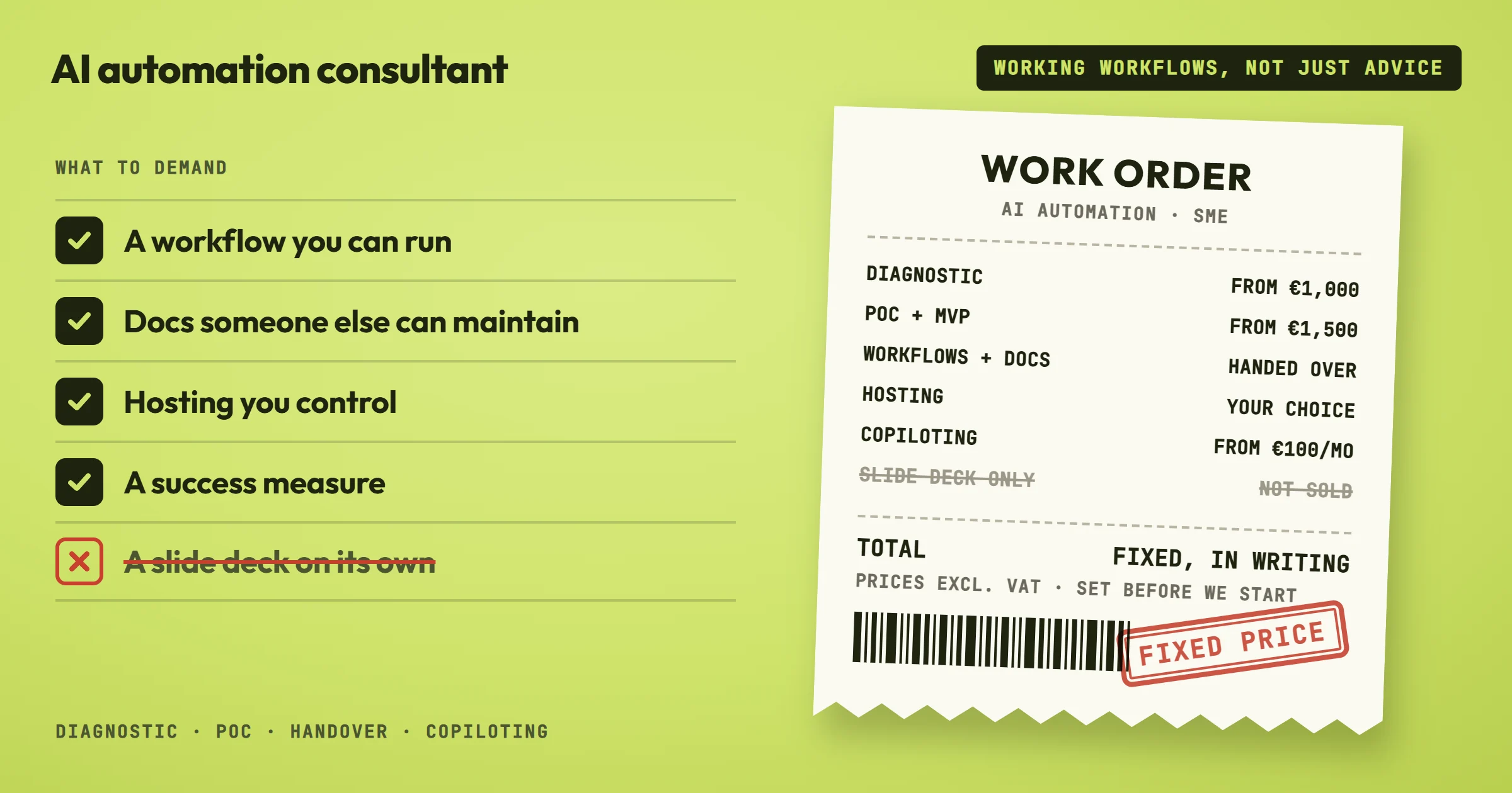 A till receipt on a lime green background, titled AI automation consultant, working workflows, not just advice. On the left, a list headed what to demand: a workflow you can run, docs someone else can maintain, hosting you control, a success measure, all ticked, and a slide deck on its own, crossed out. On the right, a work order for AI automation in an SME: diagnostic from 1,000 euros, PoC plus MVP from 1,500 euros, workflows and docs handed over, hosting your choice, copiloting from 100 euros a month, slide deck only not sold; total fixed, in writing, prices excluding VAT, set before we start, with a barcode and a red fixed price stamp.