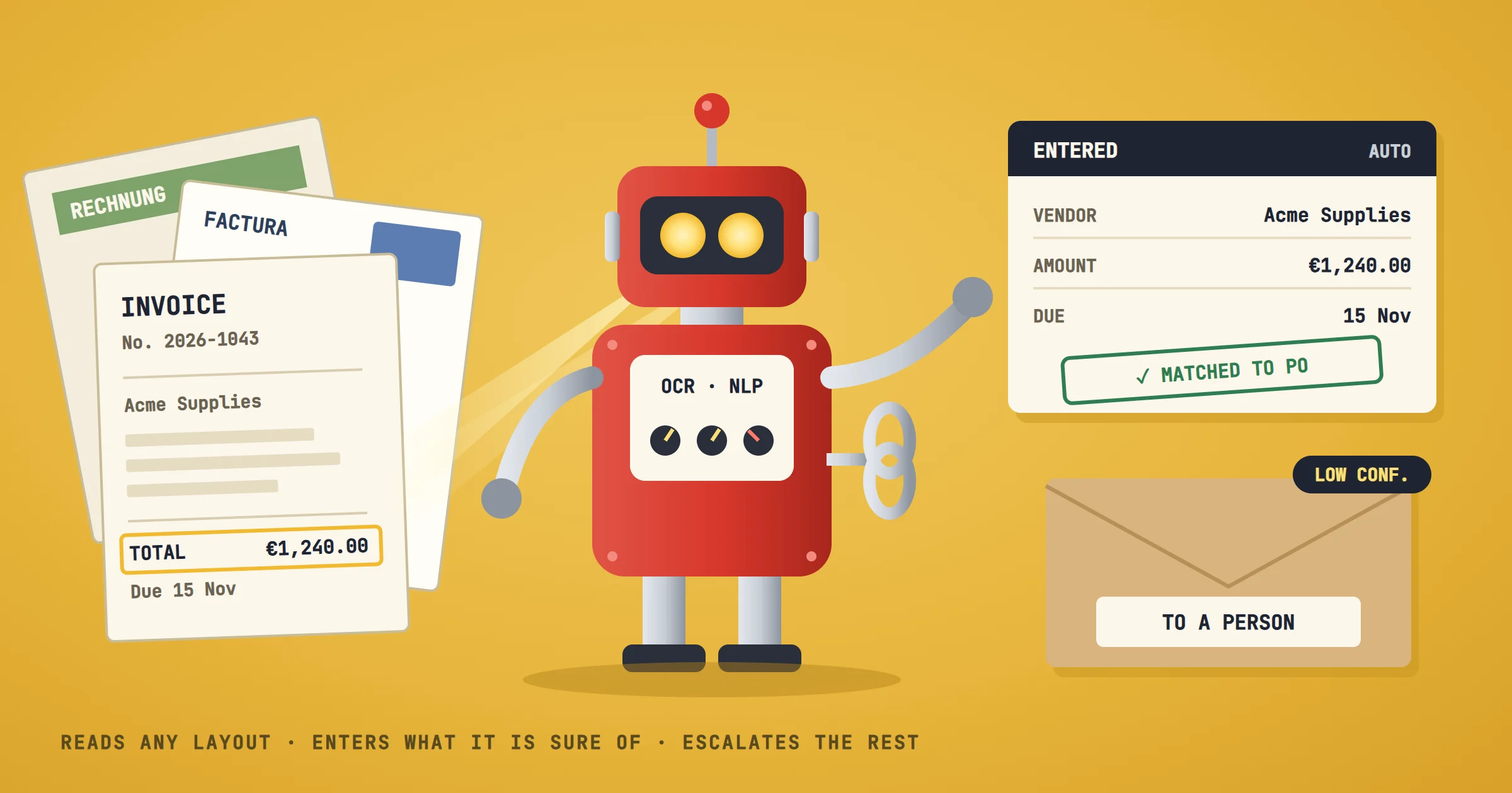 A red tin toy robot with a wind-up key on a mustard background. On the left, a pile of supplier invoices in different layouts. The robot reads them with lamp eyes; on the right, a ledger receives the vendor, amount and due date of the invoices it is sure of, matched to a purchase order, and an envelope addressed to a person collects the one it is not sure of.